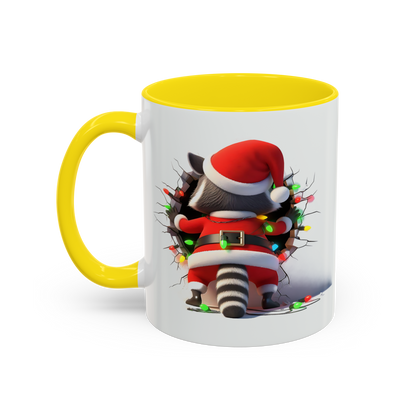 Holiday raccoon coffee cup featuring a raccoon in Santa outfit with yellow handle and rim