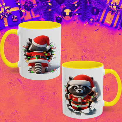 Holiday raccoon coffee cup with yellow handle and festive raccoon in Santa outfit on white mug