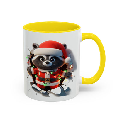 Holiday raccoon coffee cup with raccoon in Santa outfit and Christmas lights on white yellow mug