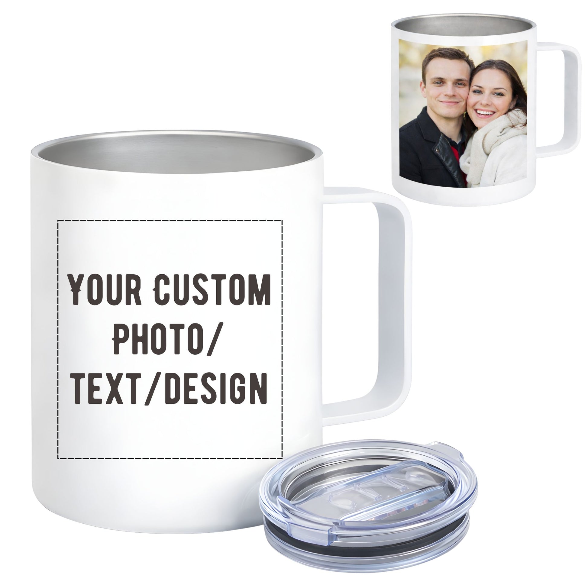 Custom photo mug with lid and handle - personalized 12oz insulated stainless steel coffee mug white