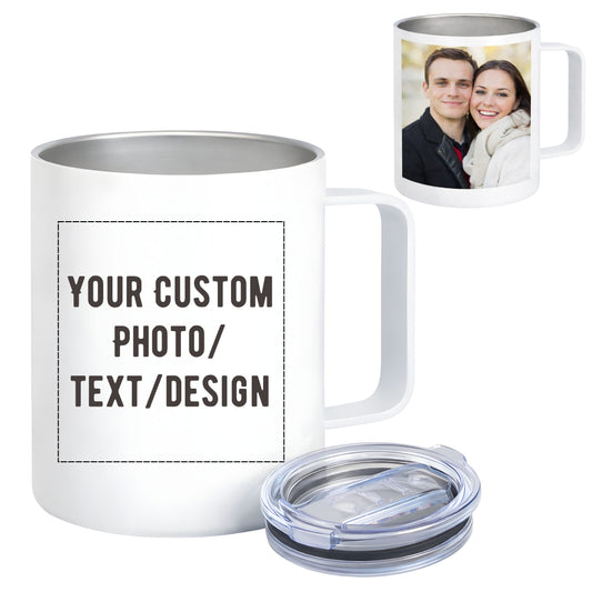 Custom photo mug with lid and handle - personalized 12oz insulated stainless steel coffee mug white