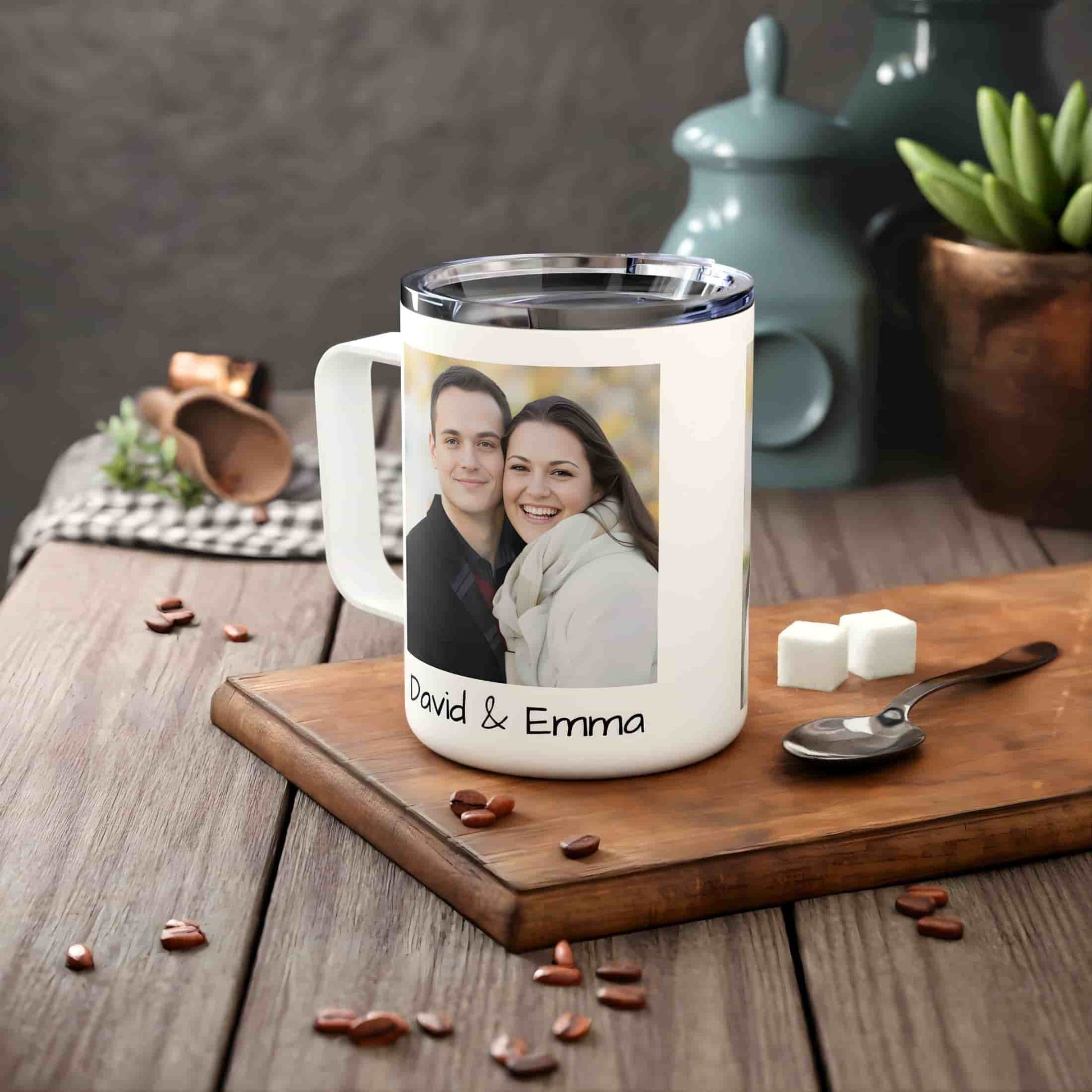 Personalized 12oz stainless steel travel mug with lid - custom photo text logo sublimation mug lifestyle