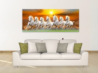 Lucky running horse canvas print by lilmonal featuring seven white horses galloping at sunset above a white sofa