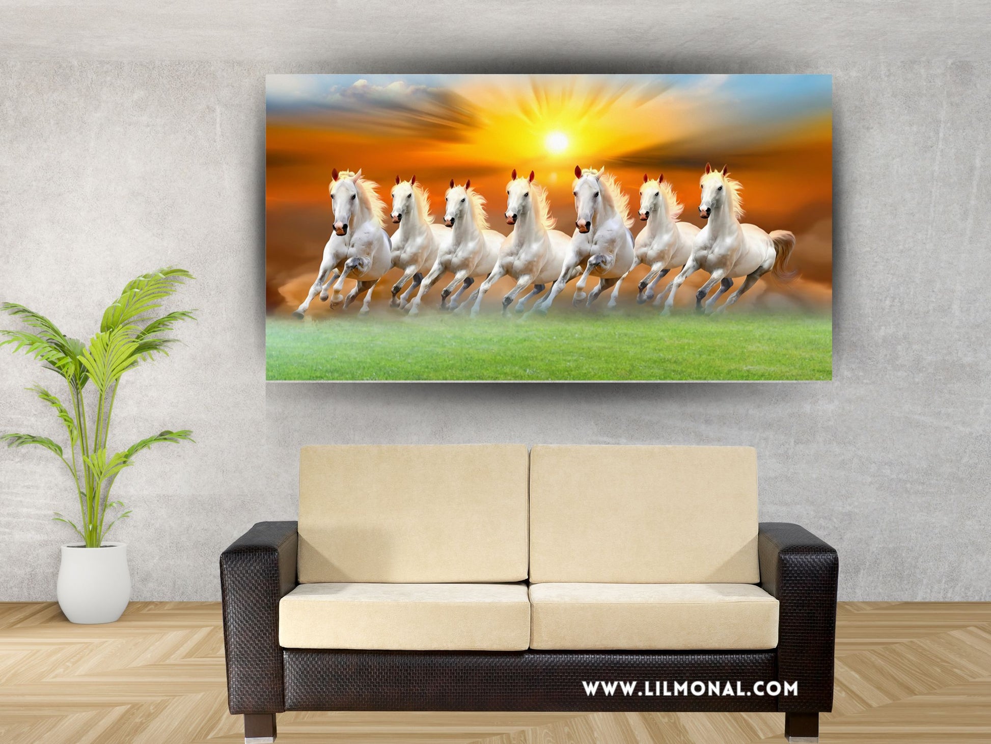 Lucky running horse canvas print with seven white horses galloping under a vibrant sunset
