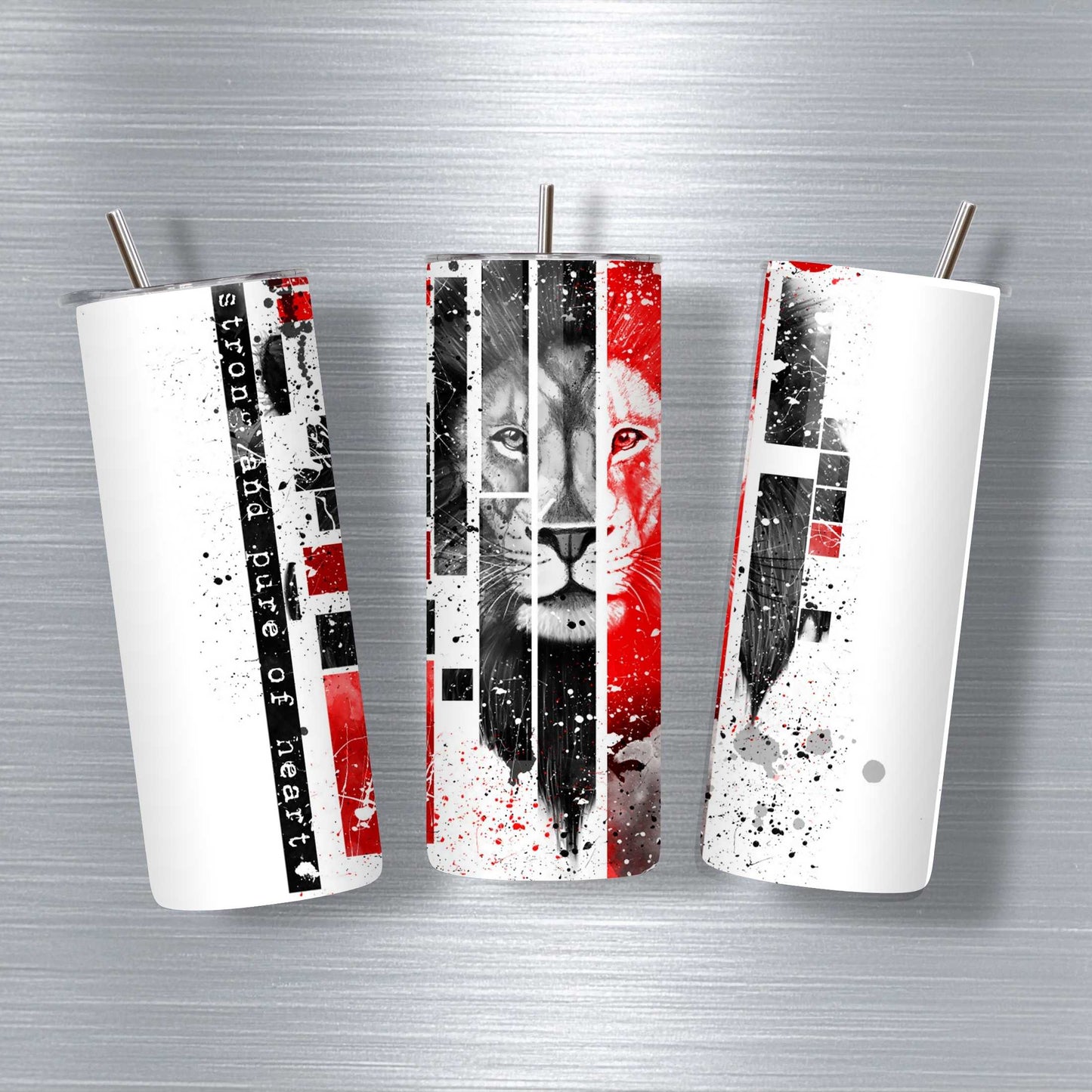 Lion art tumbler 20oz by lilmonal featuring bold red black and white geometric lion design with strong and brave text