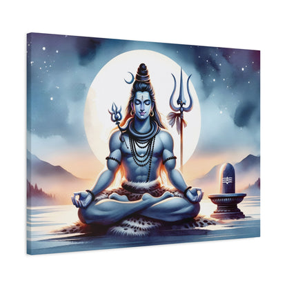 Lord Shiva canvas wall art by lilmonal featuring meditating deity with trident and glowing full moon background