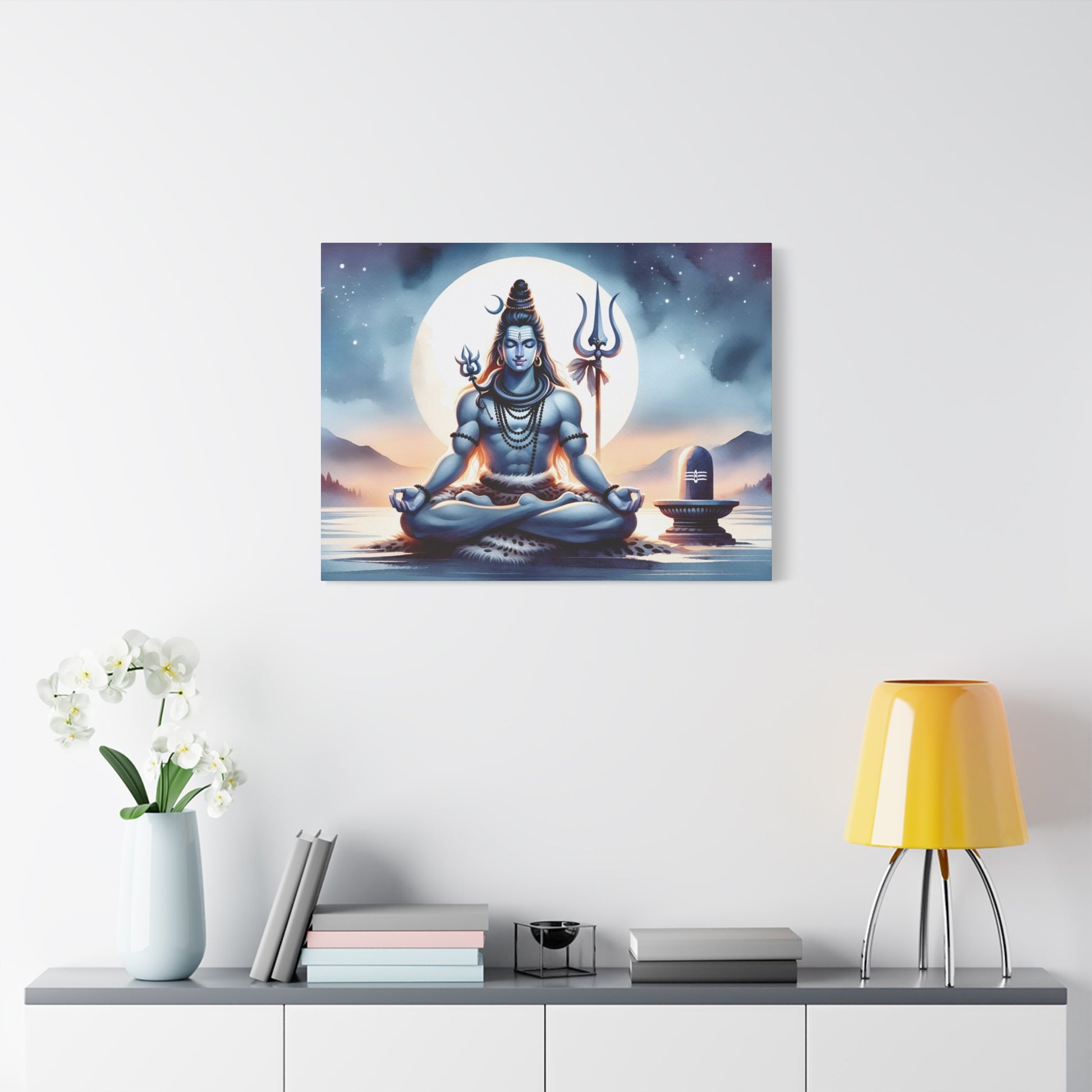 Lord Shiva canvas wall art depicting a serene meditation scene with a moonlit background