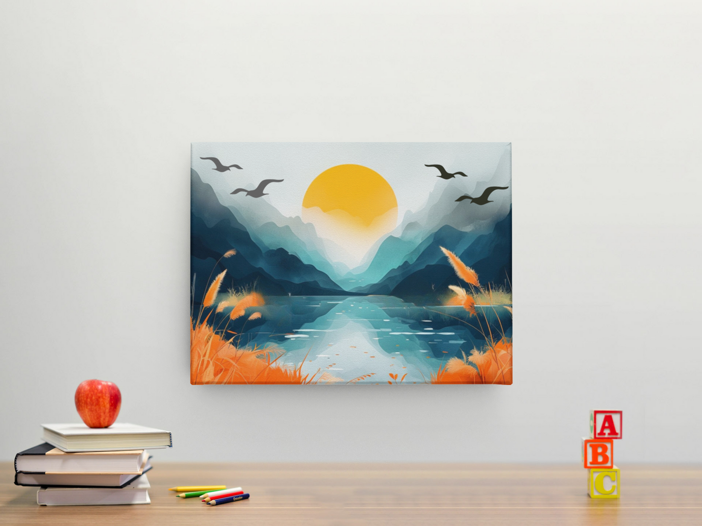 Modern Abstract Landscape Canvas Art - Sunset Mountains with Lake and Birds - Minimalist Wall Art for Living Room, Bedroom, or Office Decor