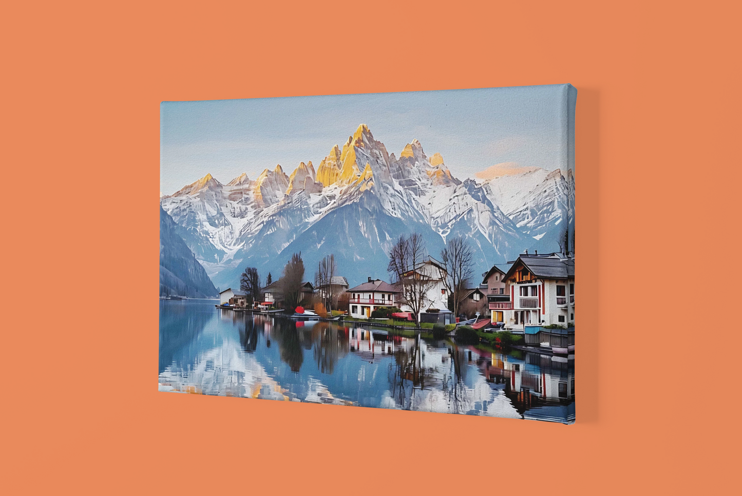 Mountain Lake Scenic Canvas Art, Snowy Peaks Landscape Wall Decor, Alpine Village Nature Canvas Print, Tranquil Mountain Reflection Art, Rustic Nature Wall Art for Home and Office