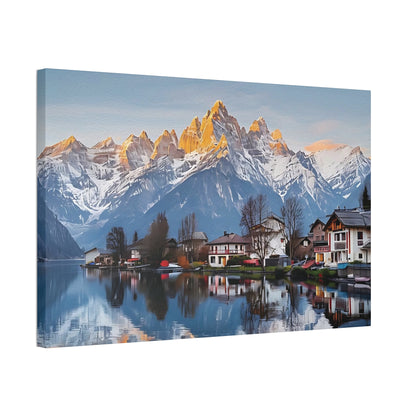 Mountain lake canvas wall art featuring snowy peaks and lakeside village at sunset