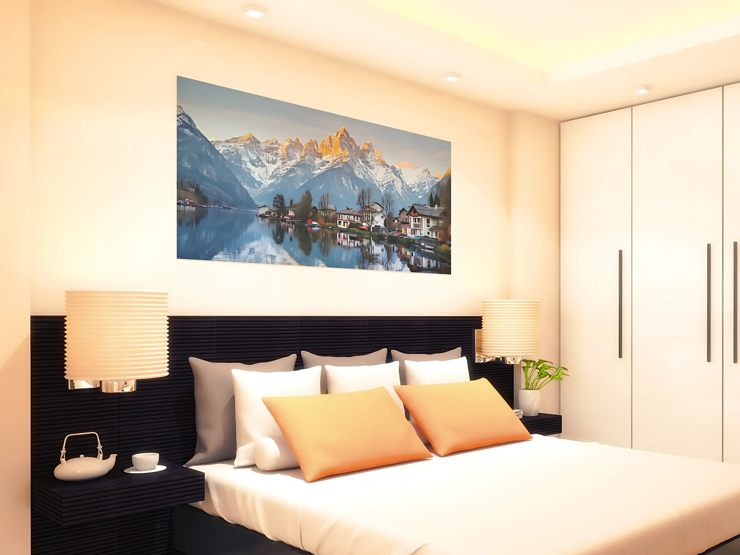 Mountain lake canvas wall art above bed in modern bedroom with warm lighting and cozy decor