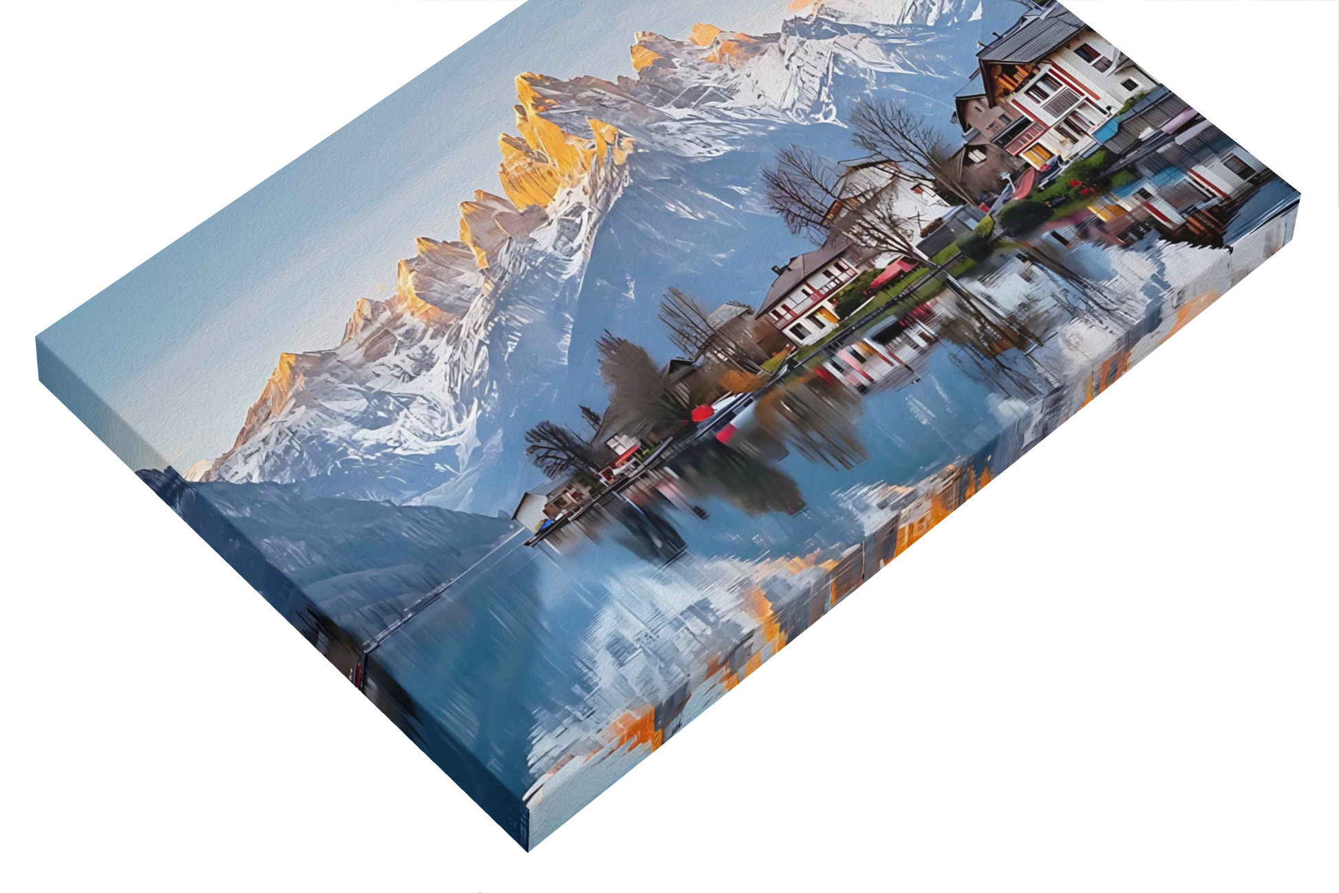 lilmonal mountain lake canvas wall art featuring snow-capped mountains and lakeside houses reflection