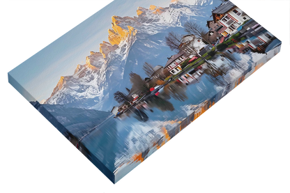 lilmonal mountain lake canvas wall art featuring snow-capped mountains and lakeside houses reflection