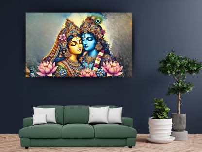 Radha Krishna canvas wall art featuring a colorful and detailed depiction of Radha and Krishna above green sofa in modern living room