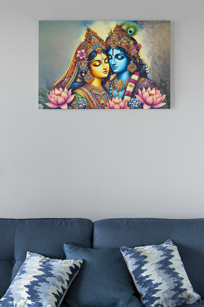 Radha Krishna canvas wall art depicting colorful divine figures with lotus flowers hanging above a blue couch