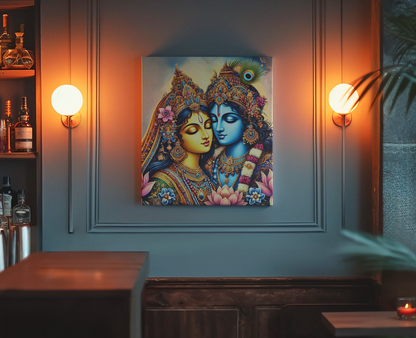 Radha Krishna canvas wall art depicting the divine couple in vibrant traditional attire on a living room wall