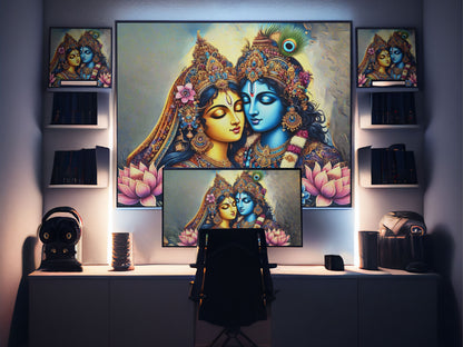 Radha Krishna canvas wall art featuring detailed traditional artwork displayed above a modern workspace