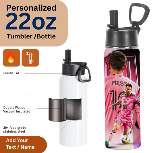 lilmonal 22oz personalized soccer player water bottle with Messi pink design double walled stainless steel