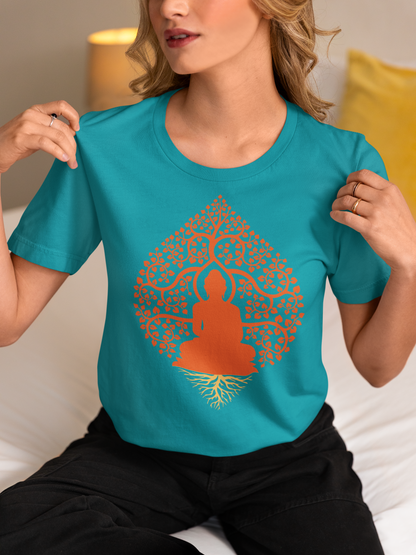 Turquoise spiritual yoga shirt cotton with orange Buddha and tree design by lilmonal