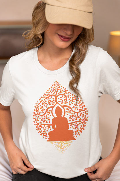 Woman wearing lilmonal spiritual yoga shirt cotton with orange Buddha tree design