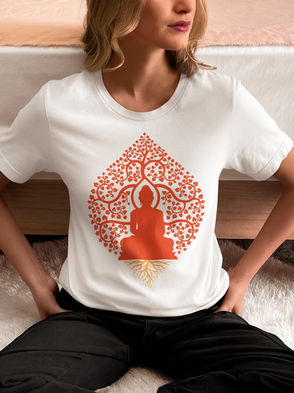 White spiritual yoga shirt cotton with orange Buddha and tree design on front by lilmonal