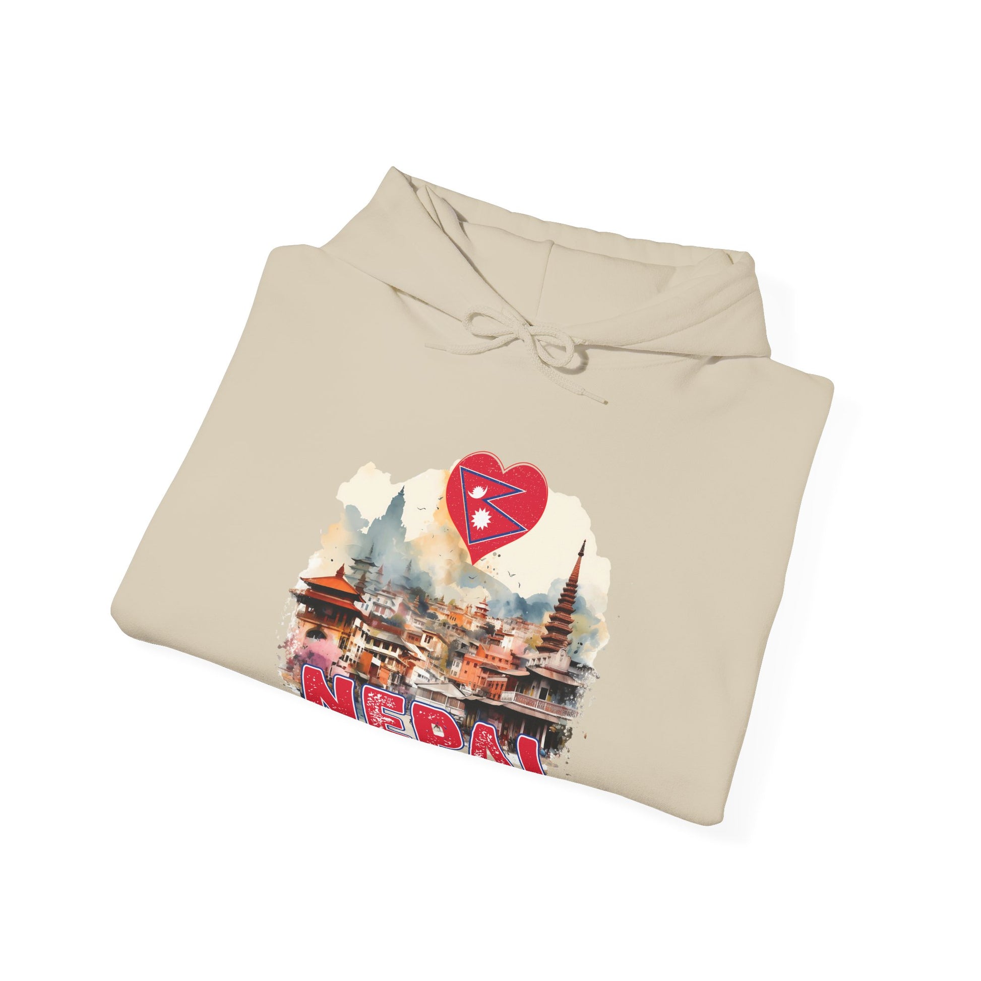 Beige unique Nepal travel gift hoodie with Kathmandu cityscape and heart-shaped Nepal flag design