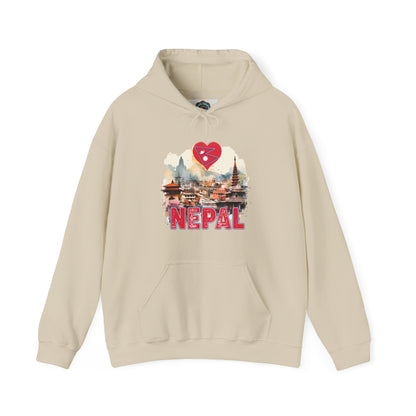 Beige hoodie featuring unique Nepal travel gift hoodie design with Nepal landmarks and heart graphic