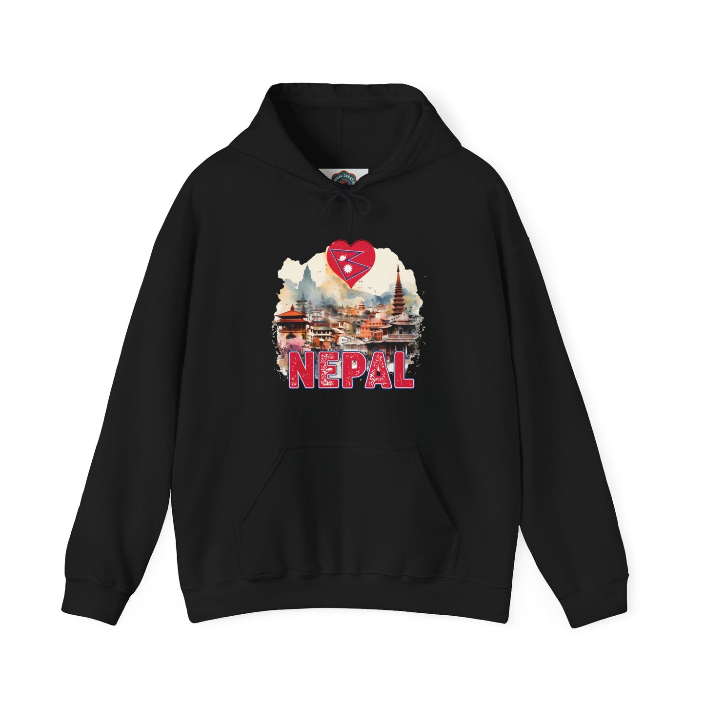 Black hoodie featuring a unique Nepal travel gift hoodie design with Nepal landmarks and flag print