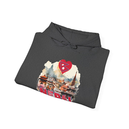 Folded Printify hoodie with colorful Nepal travel design, unique Nepal travel gift hoodie for adventure lovers