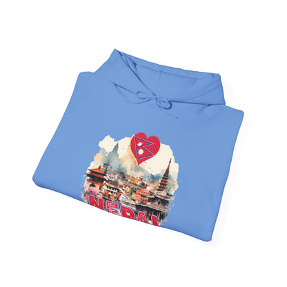 Light blue Lilmonal hoodie with vibrant Nepal cityscape design and heart-shaped flag unique Nepal travel gift hoodie