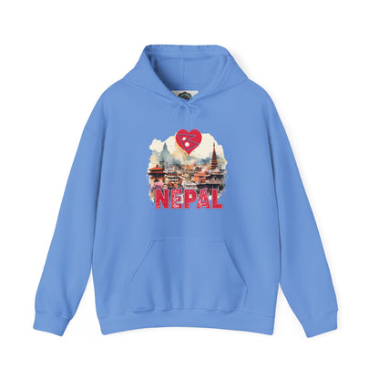 Light blue hoodie featuring unique Nepal travel gift hoodie design with Nepal landmarks and heart