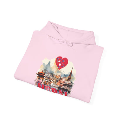 Pink unique Nepal travel gift hoodie with Nepal flag heart and mountain temple design folded neatly