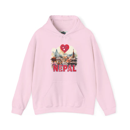 Pink hoodie with unique Nepal travel gift hoodie design featuring Nepal landmarks and heart graphic