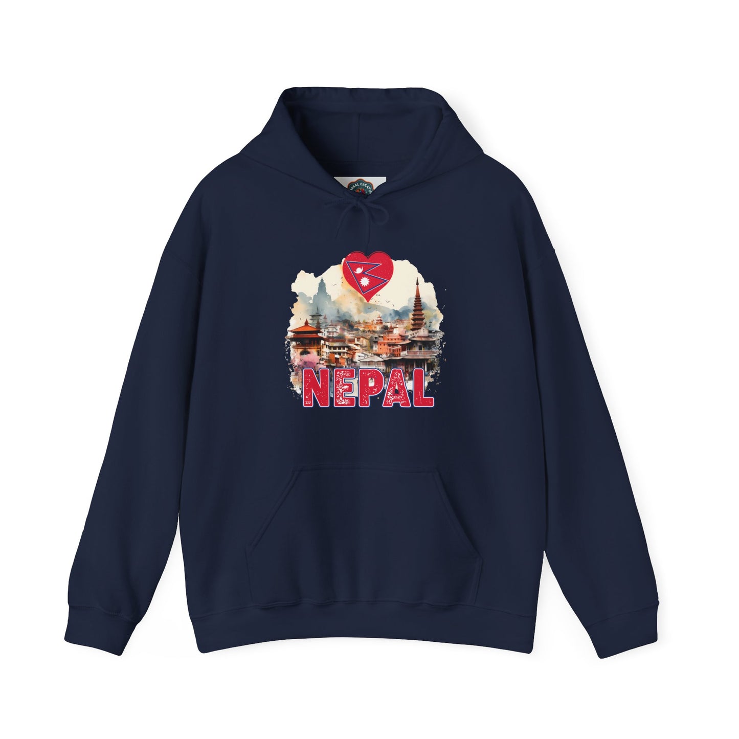 Navy blue hoodie with unique Nepal travel gift hoodie design featuring Nepal landmarks and heart symbol
