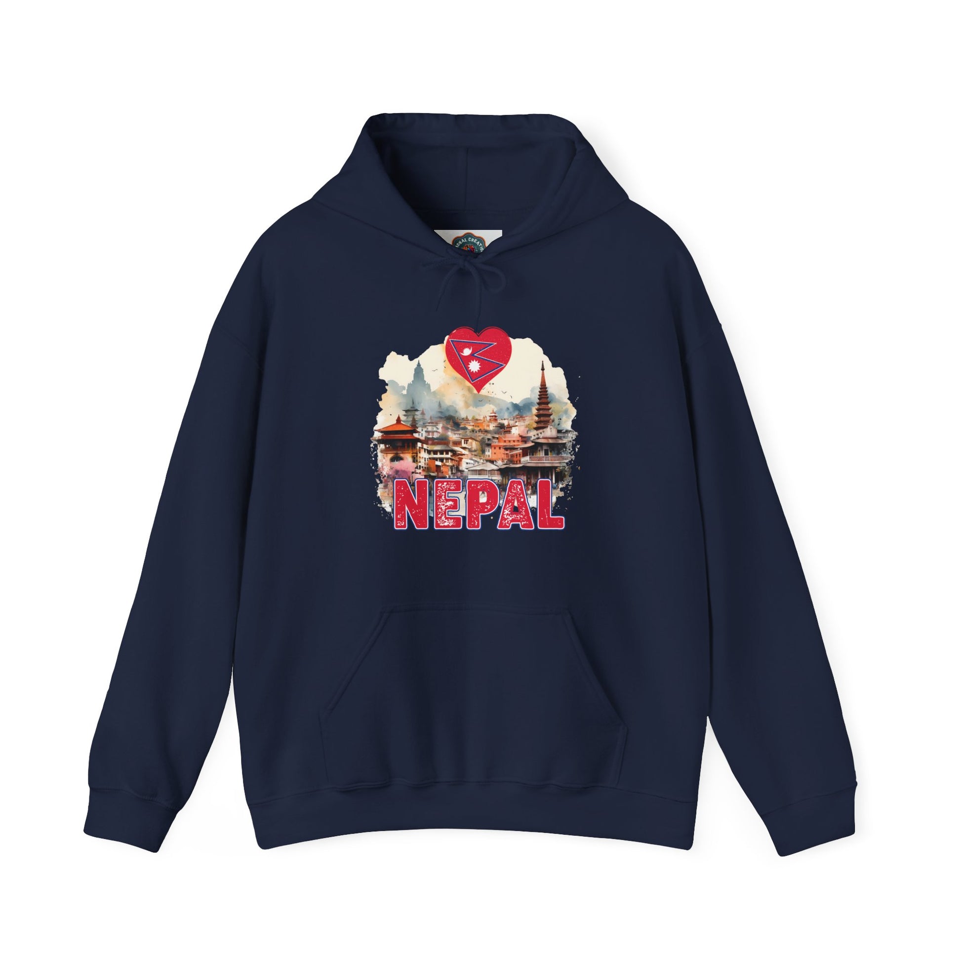 Navy blue hoodie with unique Nepal travel gift hoodie design featuring Nepal landmarks and heart symbol