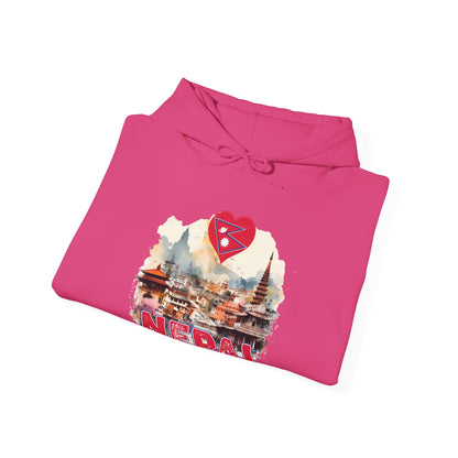 Pink hoodie featuring a unique Nepal travel gift hoodie design with Kathmandu cityscape and flag heart