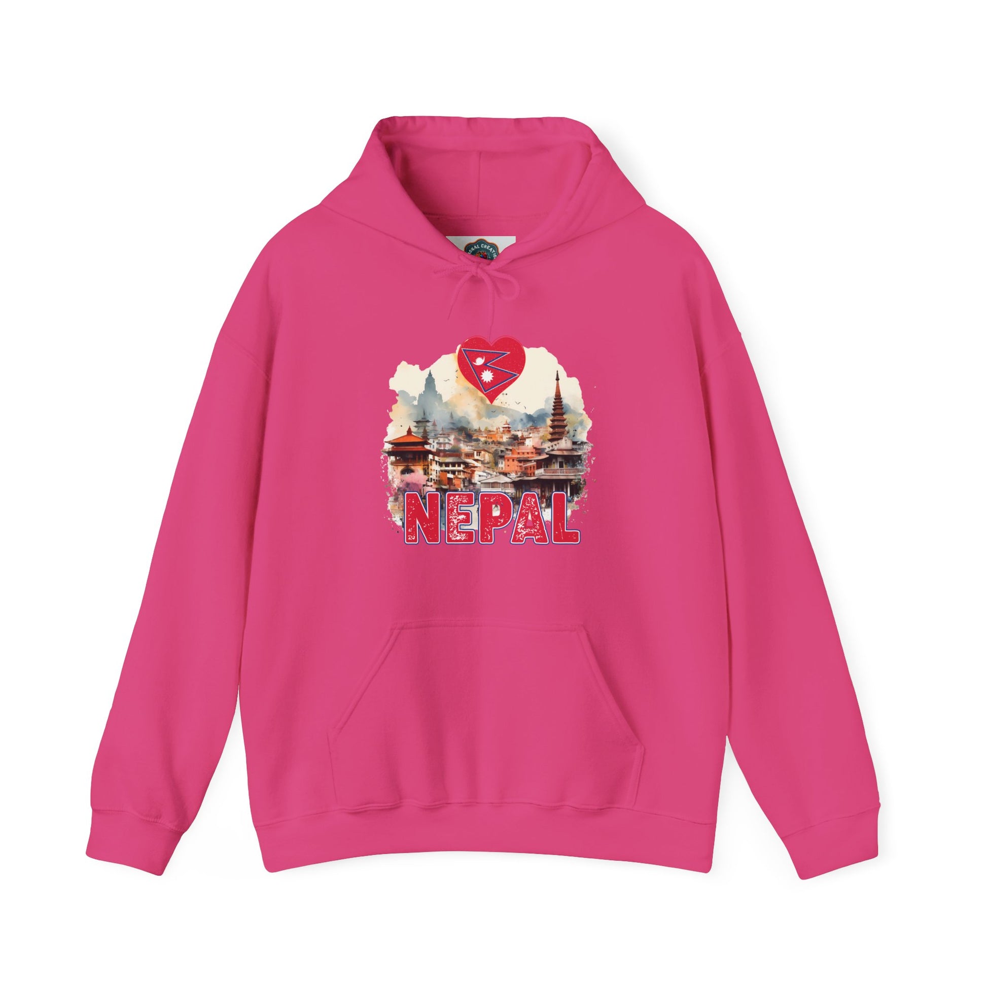 Pink hoodie with Nepal landscape and heart design unique Nepal travel gift hoodie