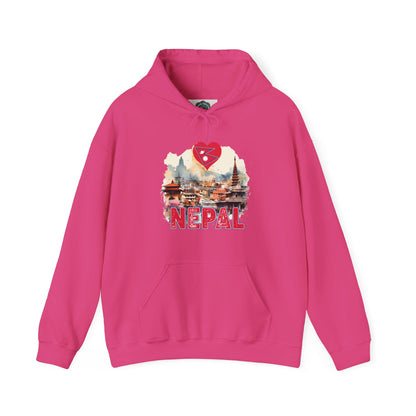 Pink hoodie with Nepal landscape and heart design unique Nepal travel gift hoodie
