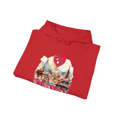 Red Lilmonal hoodie featuring vibrant Nepal landmarks and flag design unique Nepal travel gift hoodie