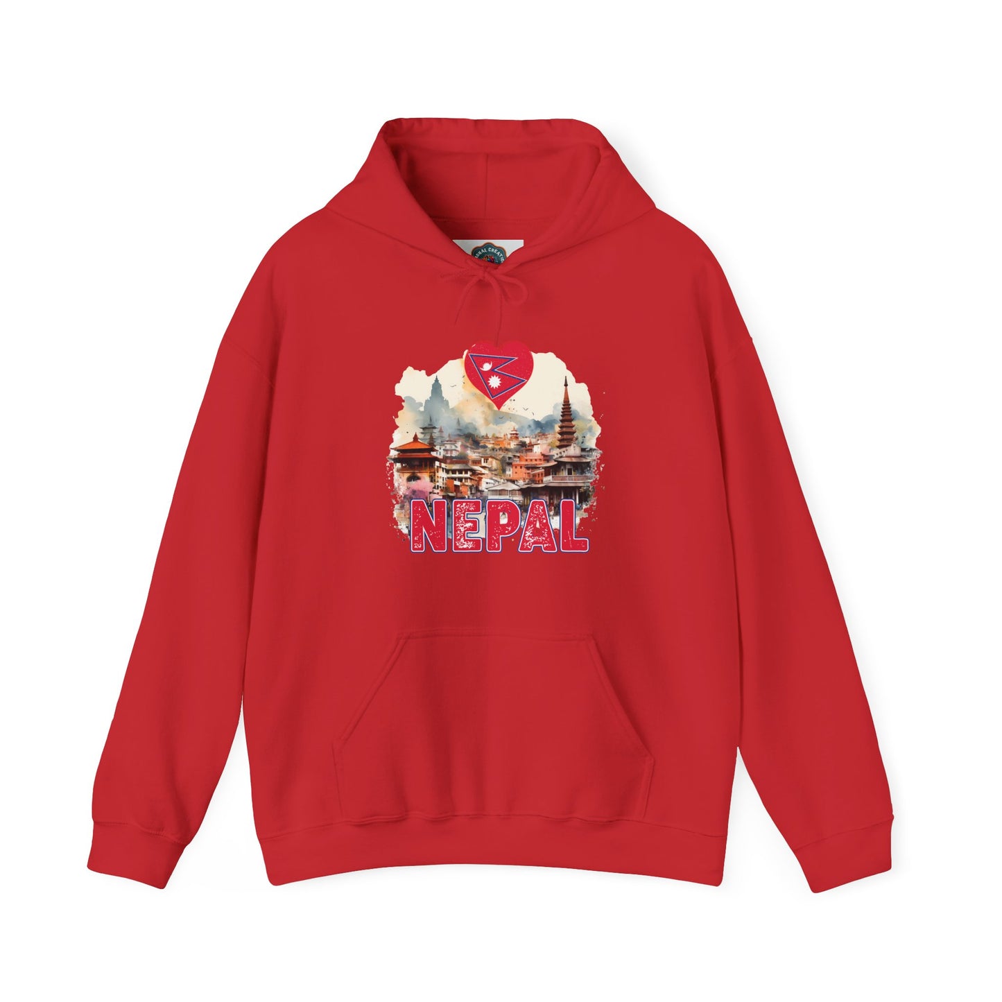 Red hoodie with Nepal travel design featuring landmarks and flag unique Nepal travel gift hoodie
