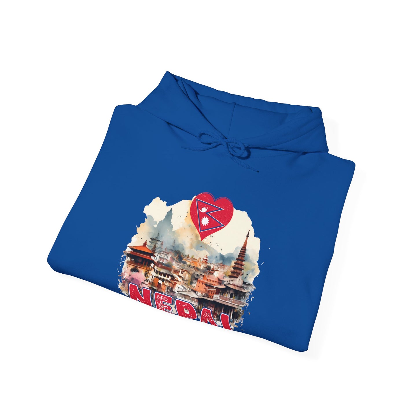 Blue Lilmonal hoodie featuring a unique Nepal travel gift hoodie design with Nepal landmarks and flag heart