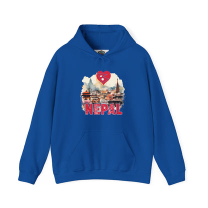 Blue hoodie featuring unique Nepal travel gift hoodie design with Nepal landmarks and heart symbol