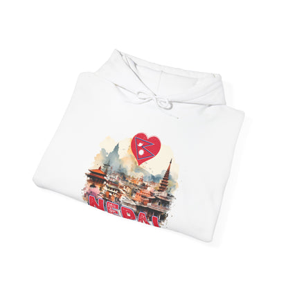 White hoodie featuring unique Nepal travel gift hoodie print with Nepal landmarks and heart design