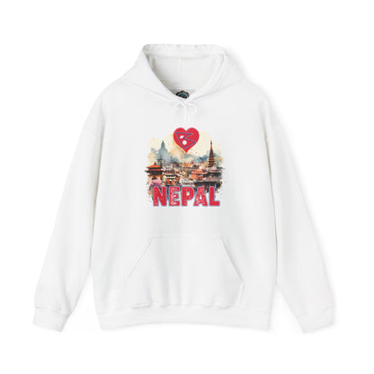 White hoodie with colorful Nepal travel design and text unique Nepal travel gift hoodie by Printify