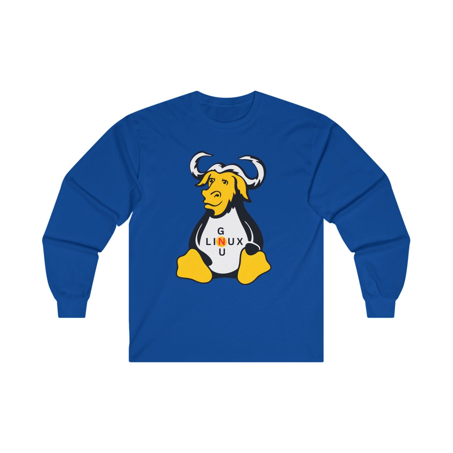 Lilmonal blue long-sleeve unisex linux t-shirt with GNU mascot graphic on front
