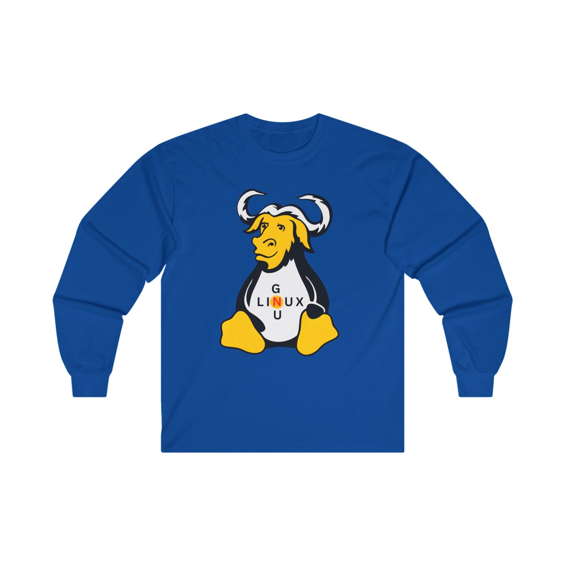 Lilmonal blue long-sleeve unisex linux t-shirt with GNU mascot graphic on front