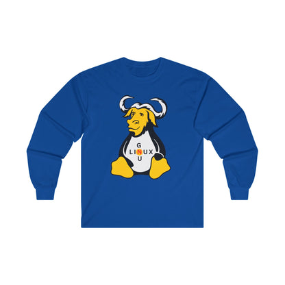 Lilmonal blue long-sleeve unisex linux t-shirt with GNU mascot graphic on front