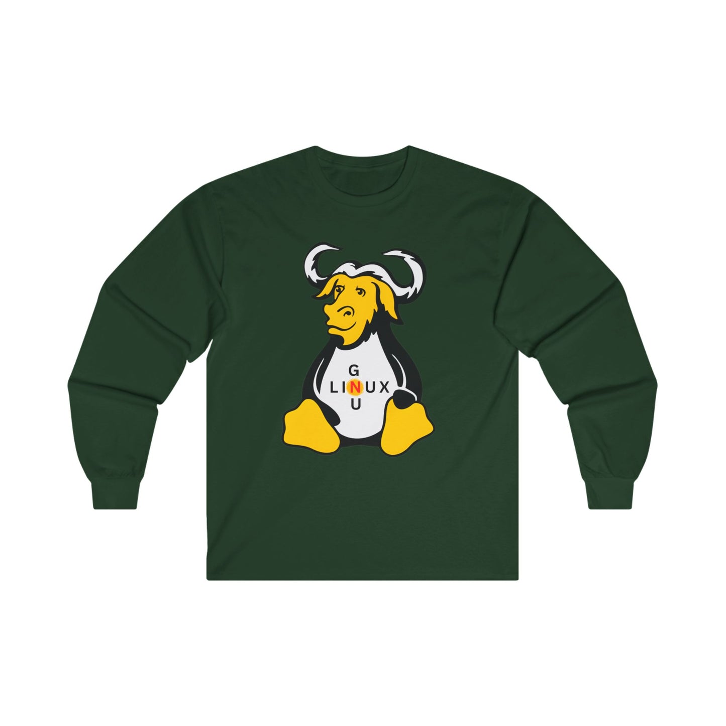 Lilmonal long-sleeve unisex linux t-shirt in dark green with GNU mascot graphic on front