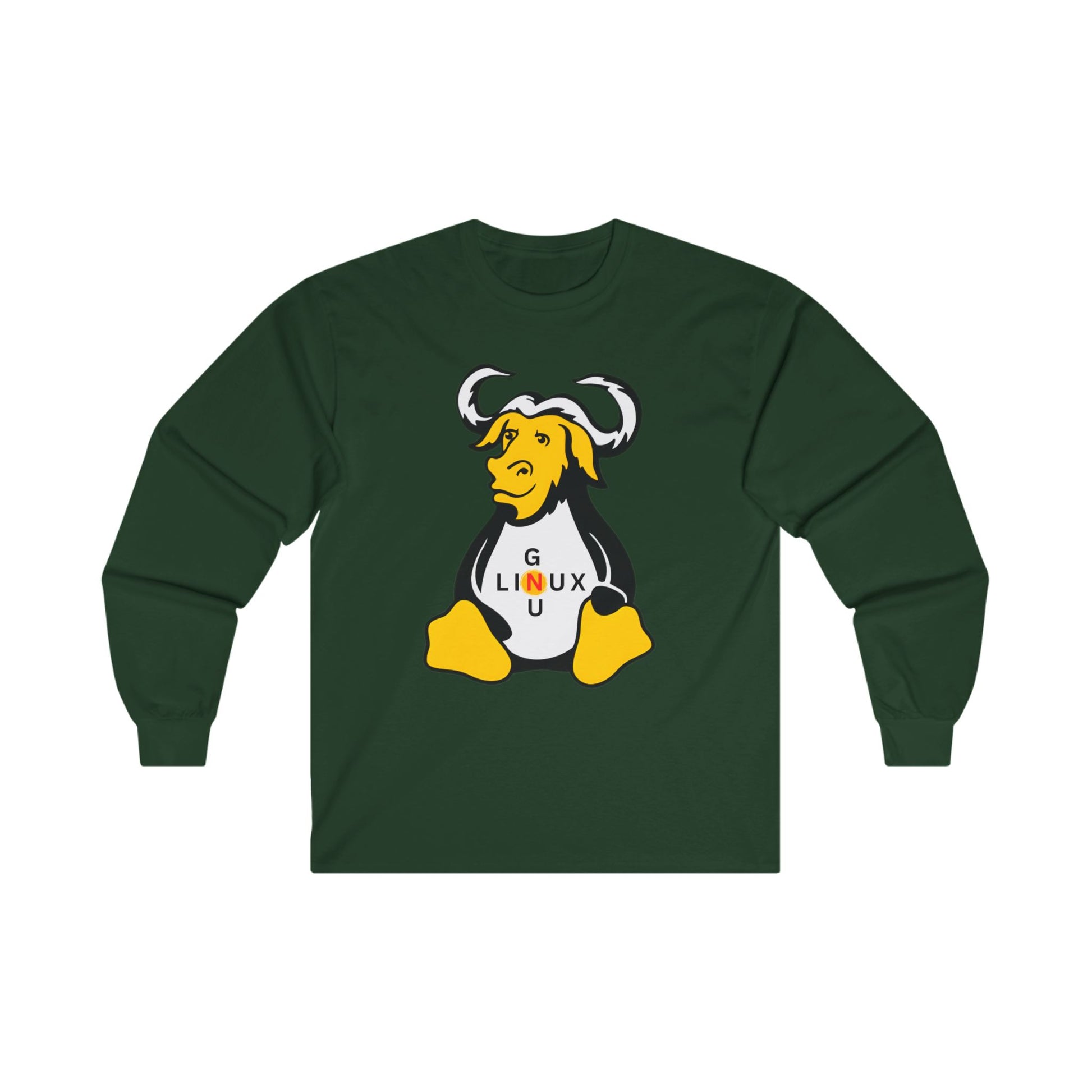 Lilmonal long-sleeve unisex linux t-shirt in dark green with GNU mascot graphic on front