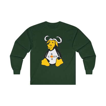 Lilmonal long-sleeve unisex linux t-shirt in dark green with GNU mascot graphic on front